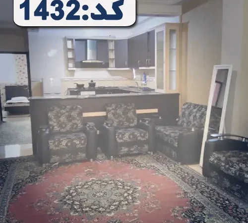 اتاق پذیرایی فرش شده به همراه مبلمان تیره و آشپزخانه آپارتمان در هنگام 4564634
