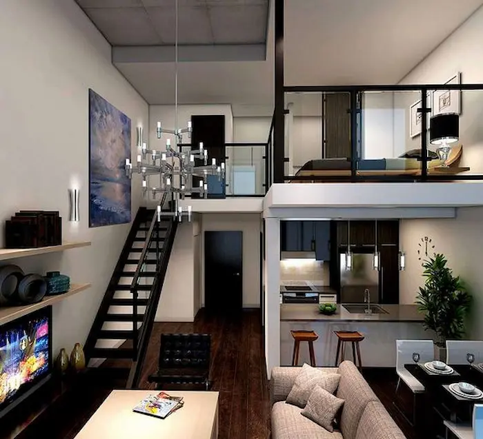 نمای داخلی اتاق پذیرایی، آشپزخانه و پله های طبقه همکف خانه 46484684