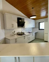 آشپزخانه و یخچال و هود و کابینت های چوبی و سقف چوبی خانه ویلایی در قشم 4156847